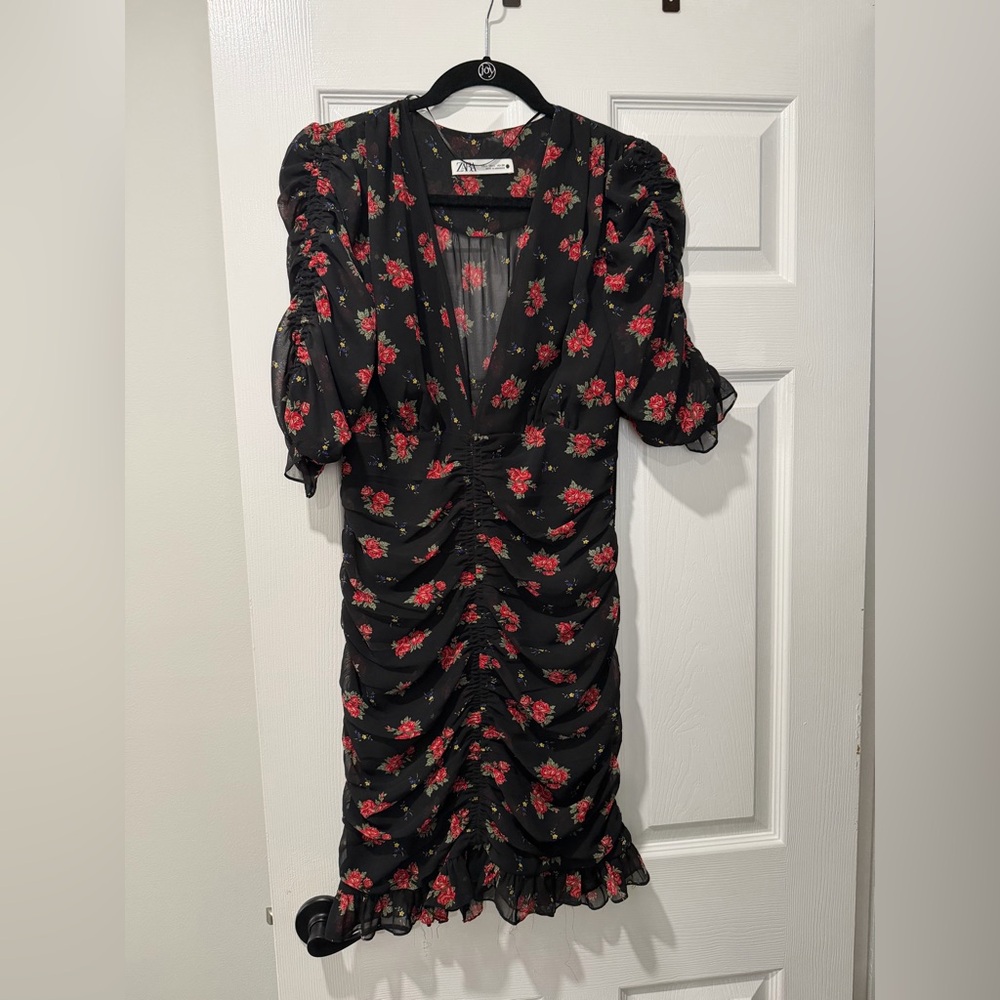 Zara Black Midi Dress with Red Floral Design